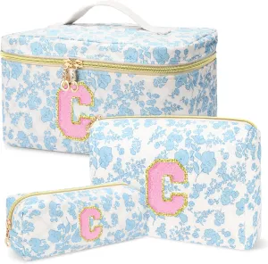 3 PCS Travel Makeup Bag Set, A-Z Initials Cotton Make up Bag Floral Quilted Cosmetic Bag for Girls and Women, Personalized Cute Toiletry Bag Travel Accessories Brushes Bag Blue - C