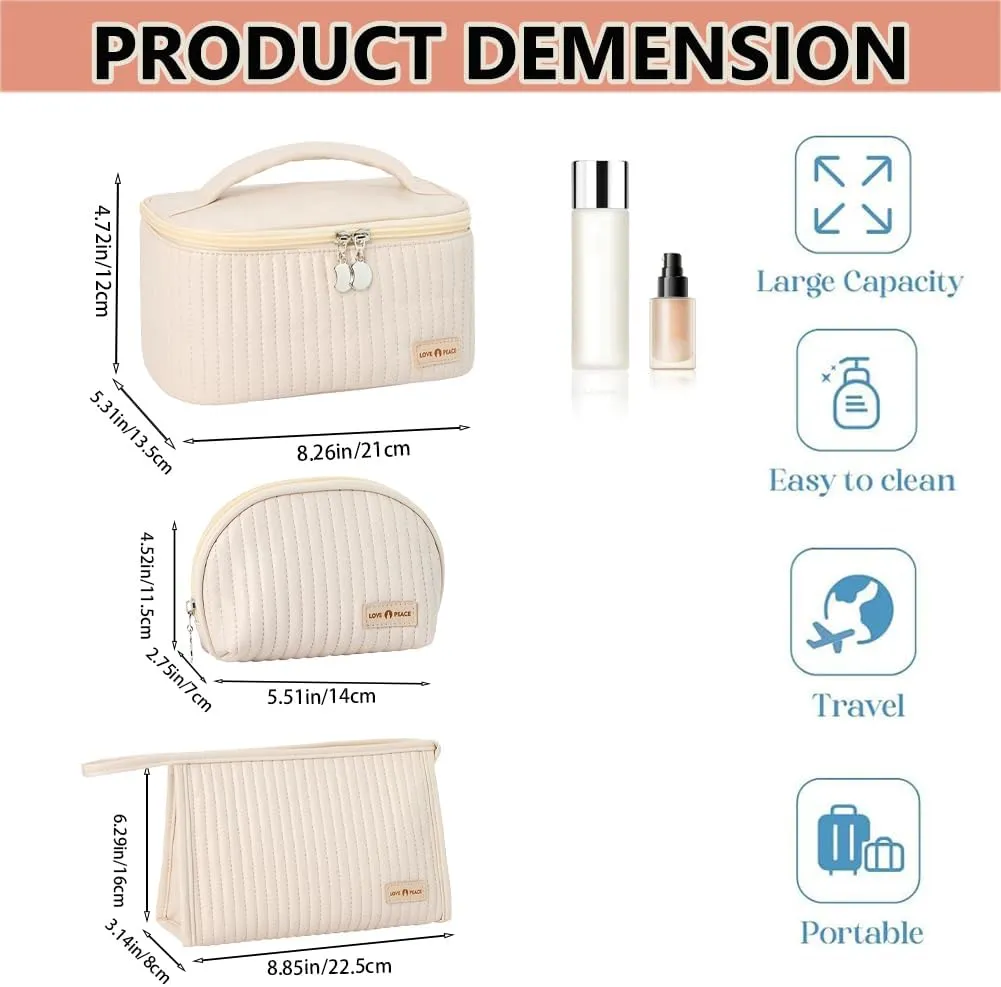 3 Piece Quilted Makeup Bag Set, Travel Cosmetic Cases with Handle, Large Capacity Toiletry Organizer (Beige)