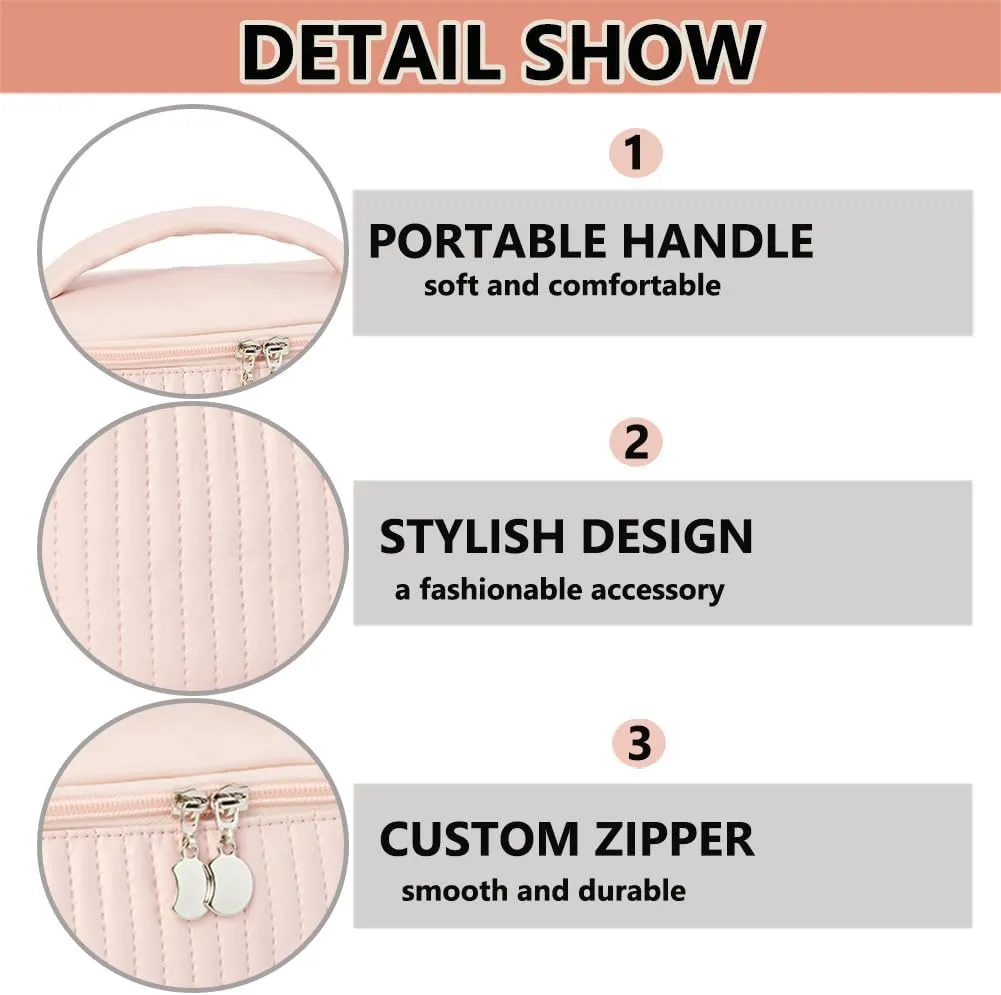 3 Piece Quilted Makeup Bag Set, Travel Cosmetic Cases with Handle, Large Capacity Toiletry Organizer (Beige)