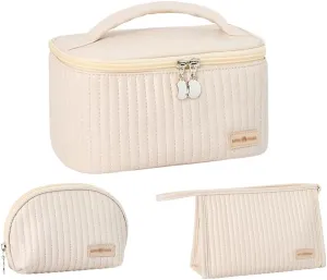 3 Piece Quilted Makeup Bag Set, Travel Cosmetic Cases with Handle, Large Capacity Toiletry Organizer (Beige)