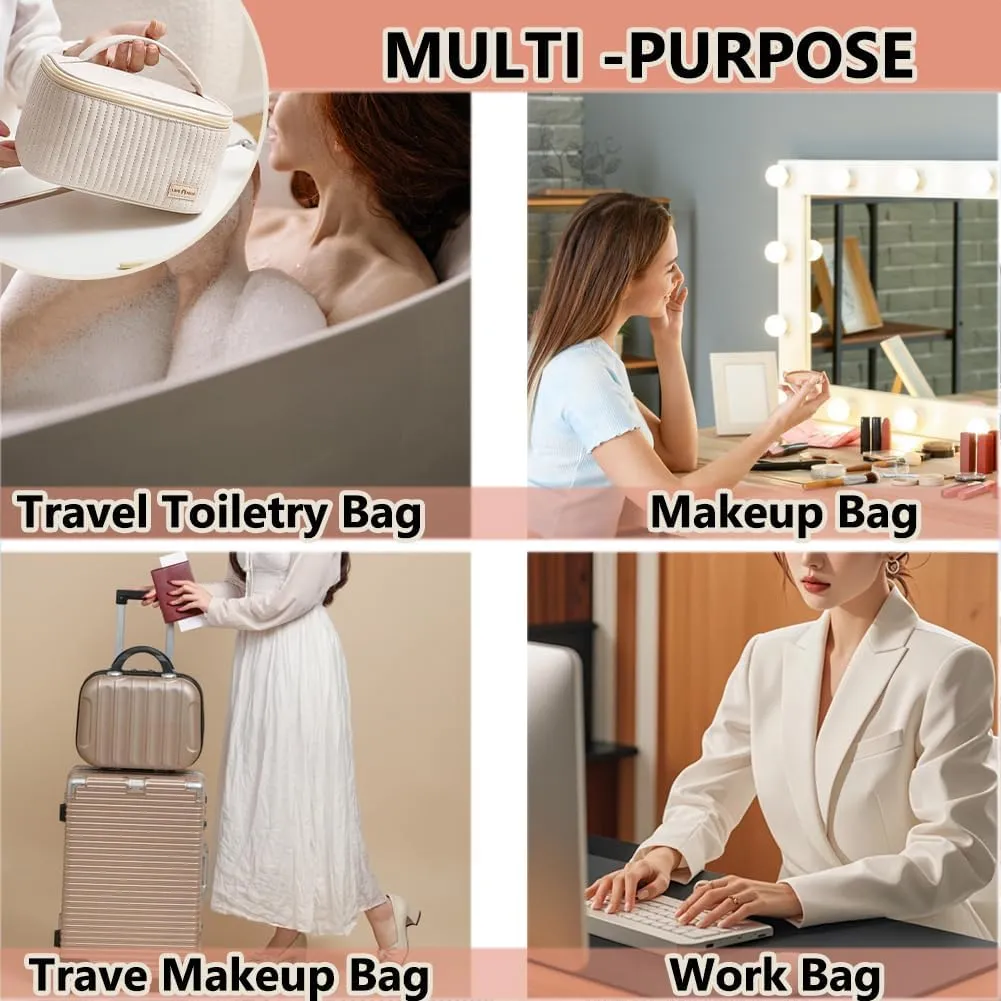 3 Piece Quilted Makeup Bag Set, Travel Cosmetic Cases with Handle, Large Capacity Toiletry Organizer (Beige)