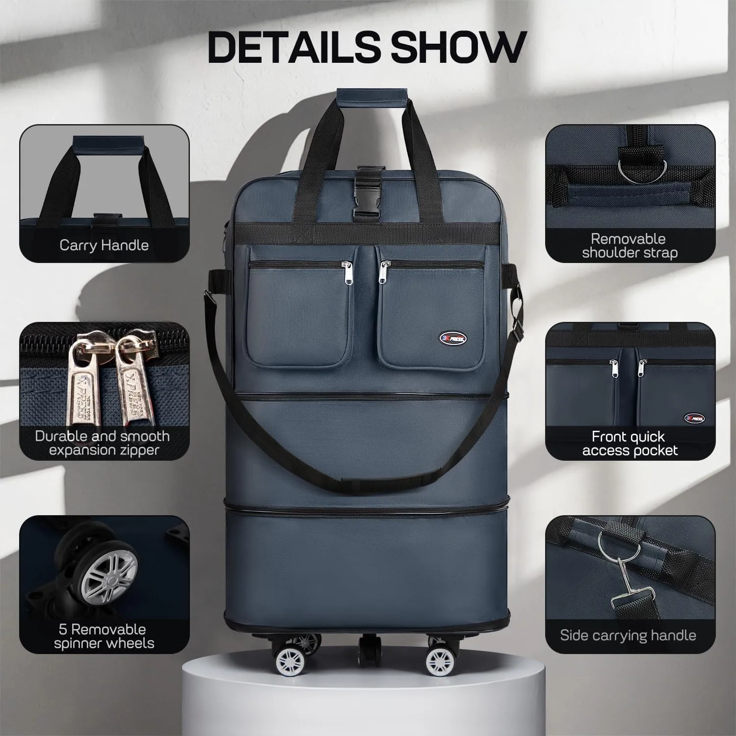 30''36''40''Rolling Duffle Bag with Wheels,Expandable Duffle Bag for Travel for Men Women,Foldable#36''Navy