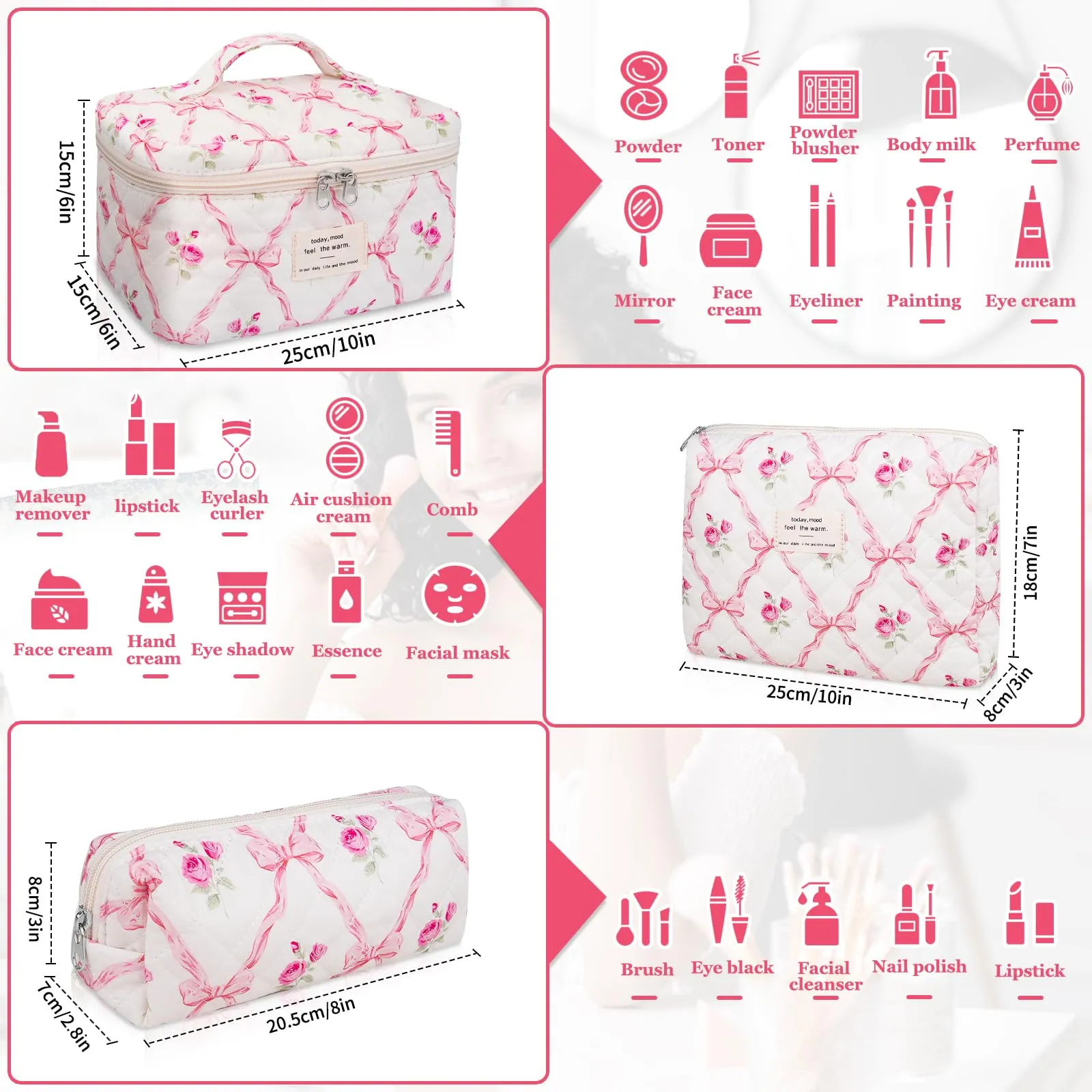 3PC Makeup Bag Set, Quilted Makeup Bag, Large Floral Cosmetic Bag for Women, Cute Cotton Makeup Bags, Flower Travel Toiletry Organizer Bag (Pink Flower)