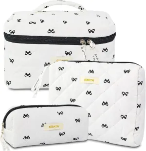 3PC Quilted Makeup Bag Set Cotton Bow Cosmetic Bag Large Coquette Make up Bags Aesthetic Toiletry Travel Organizer