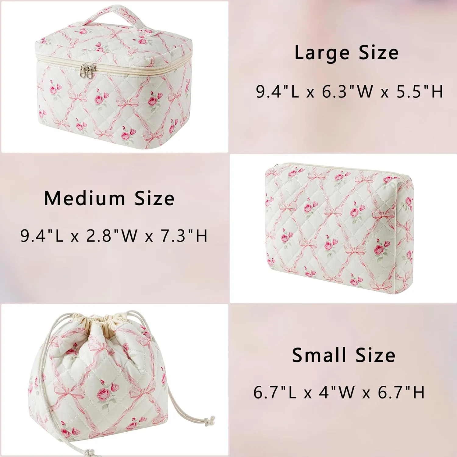 3Pcs Aesthetic Cotton Quilted Drawstring Makeup Bag Set, Aesthetic Cute Bow Makeup Pouch for Girls and Women, Aesthetic Travel Organized Cosmetic Bags for Purse(02Pink Flower Bow)