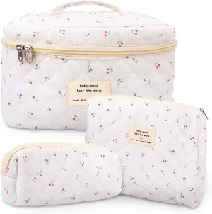 3Pcs Cotton Quilted Makeup Bag Large Travel Cosmetic Bag Coquette Makeup Pouch Cute Aesthetic Floral Toiletry Bag for Women Girls (cherry-B)