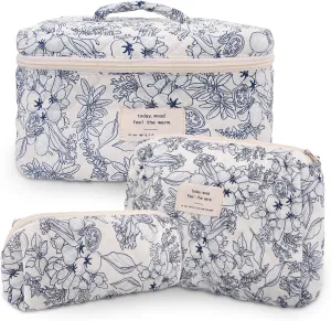 3Pcs Cotton Quilted Makeup Bag Large Travel Cosmetic Bag Coquette Makeup Pouch Cute Aesthetic Floral Toiletry Bag for Women Girls (flower-D)