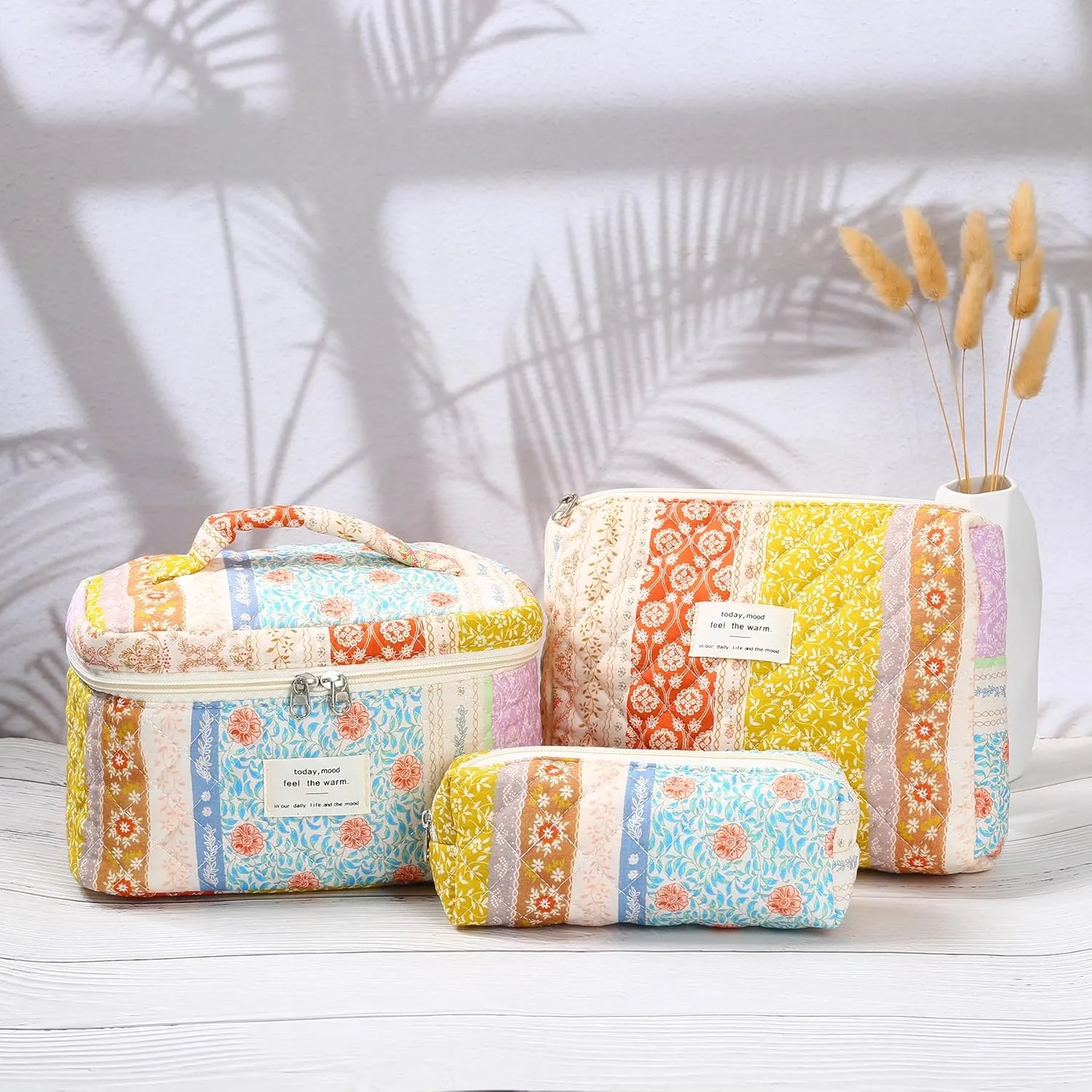 3Pcs Quilted Makeup Bag - Cotton Large Floral Makeup Bag, Travel Cosmetic Bag Cute Flower Aesthetic Floral Toiletry Organizer Bag Set for Women (08Yellow-Red)