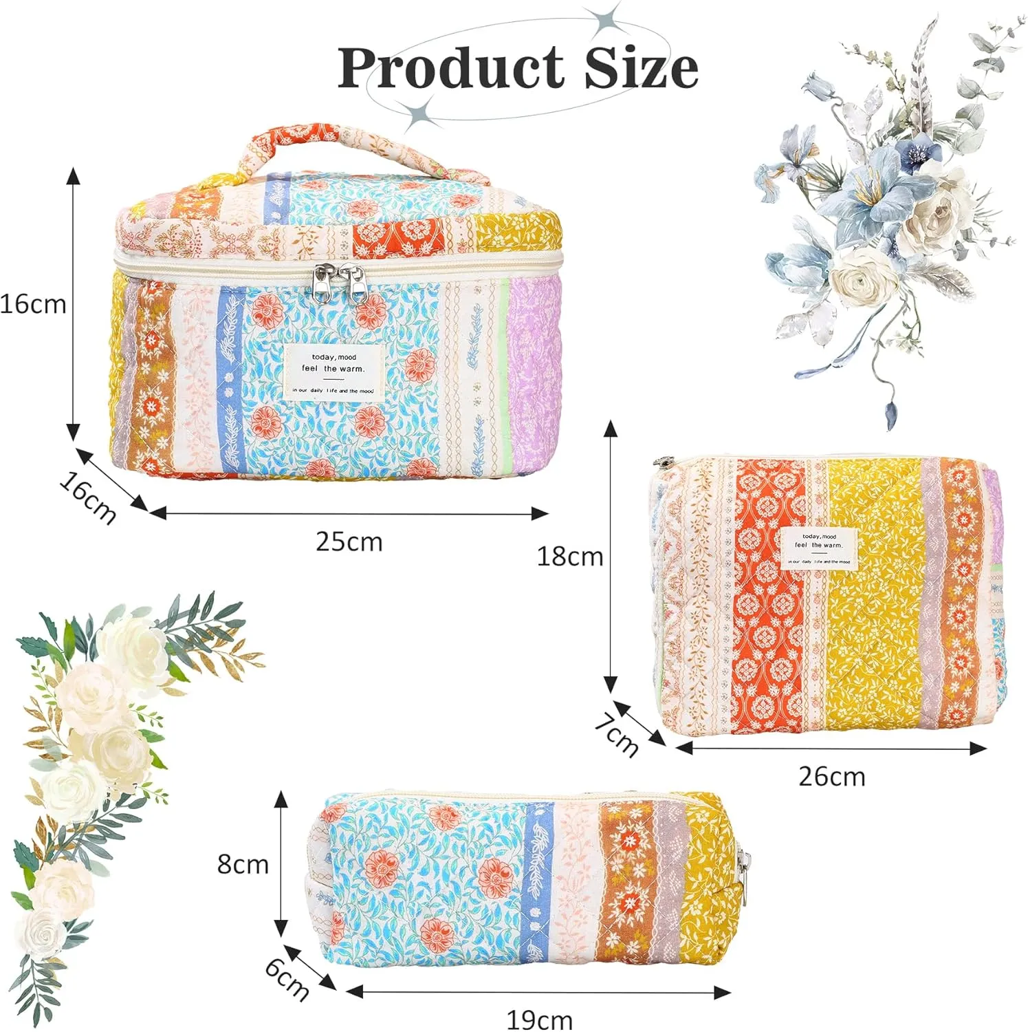 3Pcs Quilted Makeup Bag - Cotton Large Floral Makeup Bag, Travel Cosmetic Bag Cute Flower Aesthetic Floral Toiletry Organizer Bag Set for Women (08Yellow-Red)