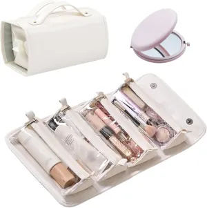 4 in 1 Makeup Bag Leather Waterproof Cosmetic Bag, Roll Up Toiletry Makeup Hanging Bag With Compartments, Travel Makeup Bag with Mirror (White)