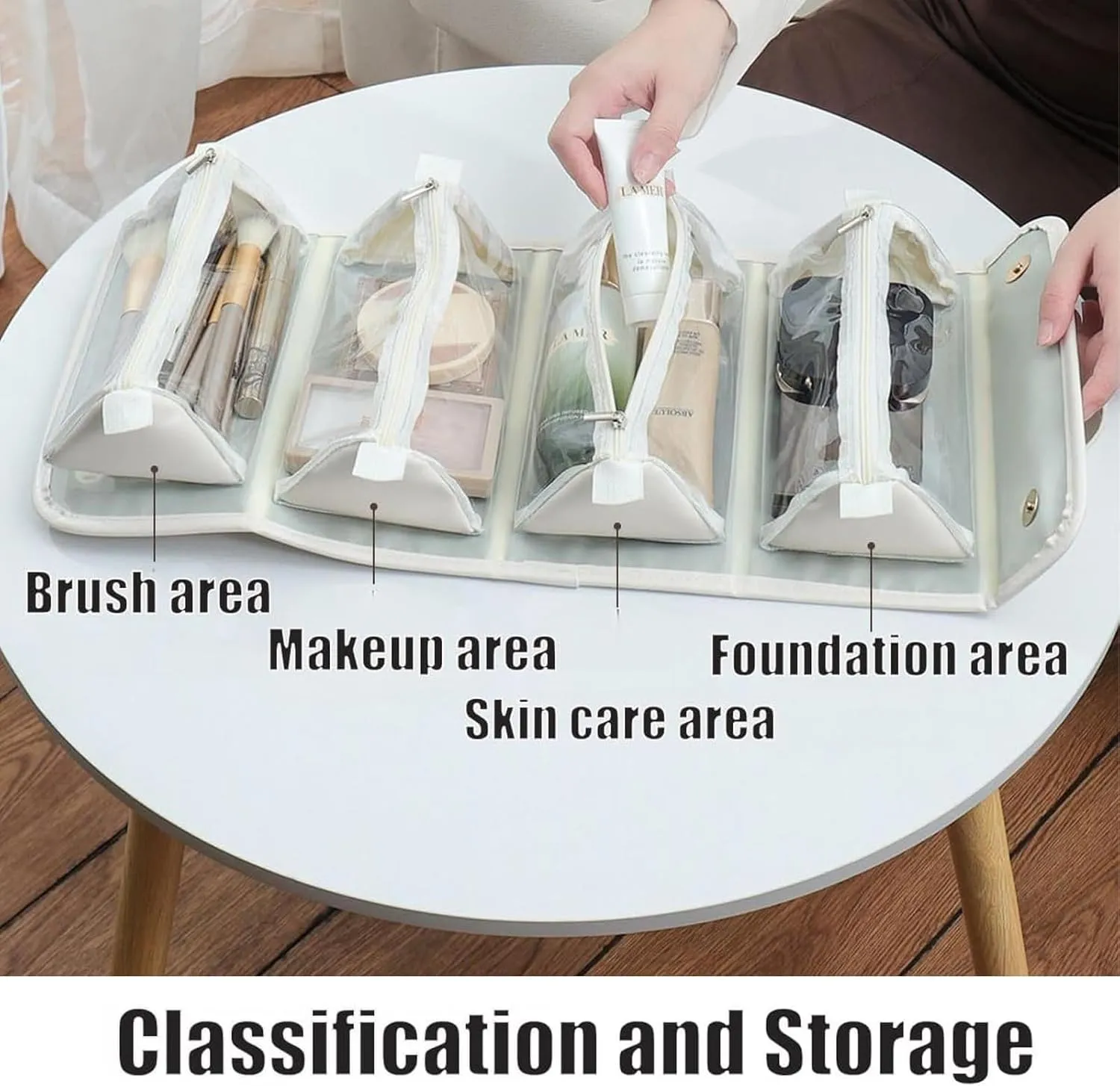 4 in 1 Makeup Bag Leather Waterproof Cosmetic Bag, Roll Up Toiletry Makeup Hanging Bag With Compartments, Travel Makeup Bag with Mirror (White)