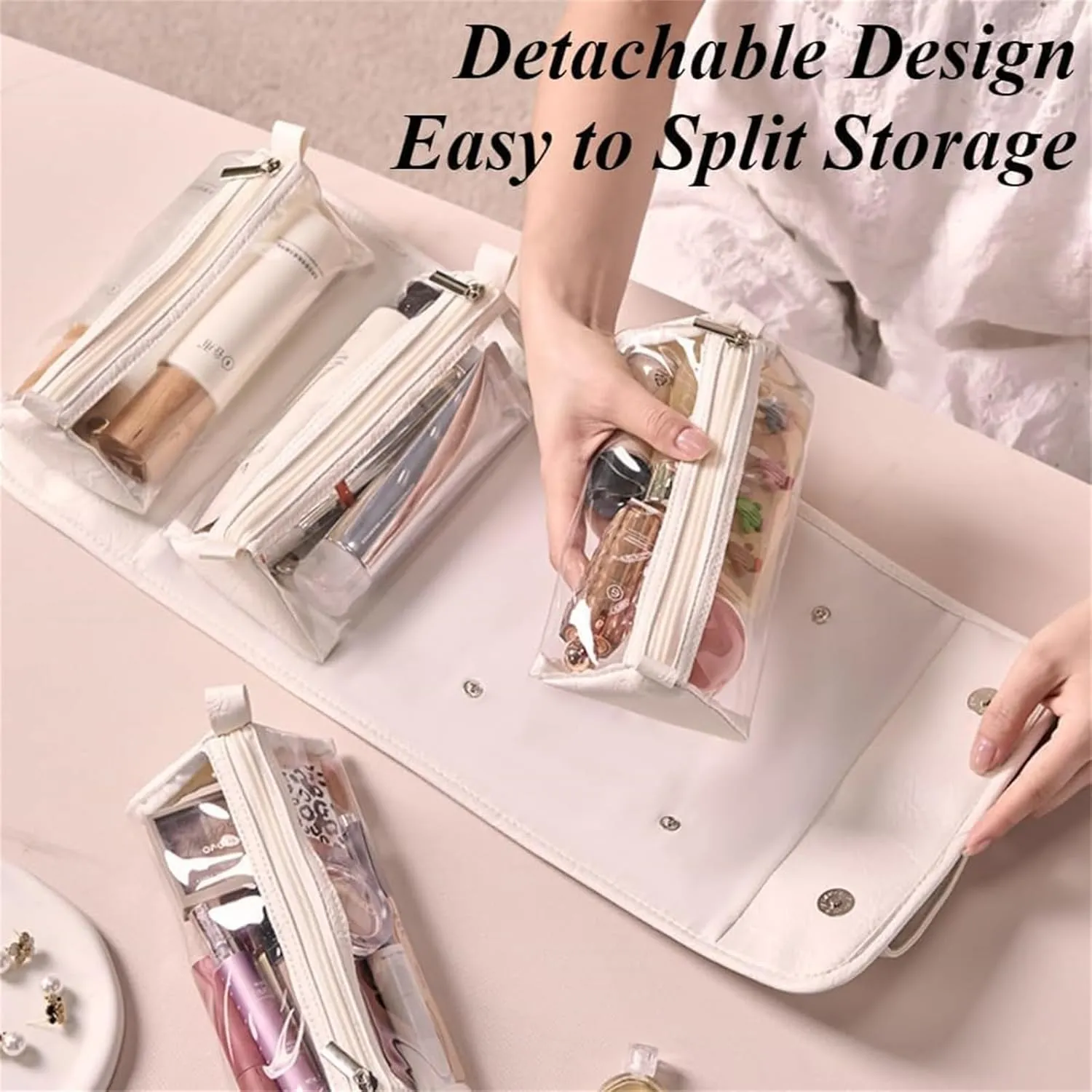 4 in 1 Makeup Bag Leather Waterproof Cosmetic Bag, Roll Up Toiletry Makeup Hanging Bag With Compartments, Travel Makeup Bag with Mirror (White)
