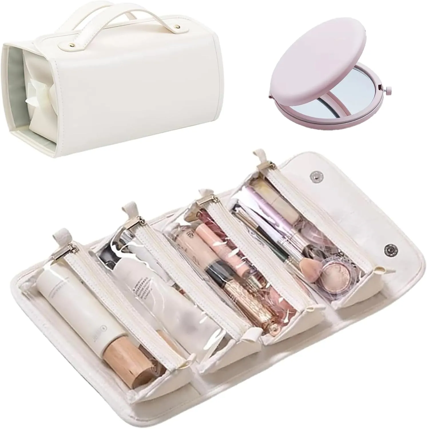4 in 1 Makeup Bag Leather Waterproof Cosmetic Bag, Roll Up Toiletry Makeup Hanging Bag With Compartments, Travel Makeup Bag with Mirror (White)