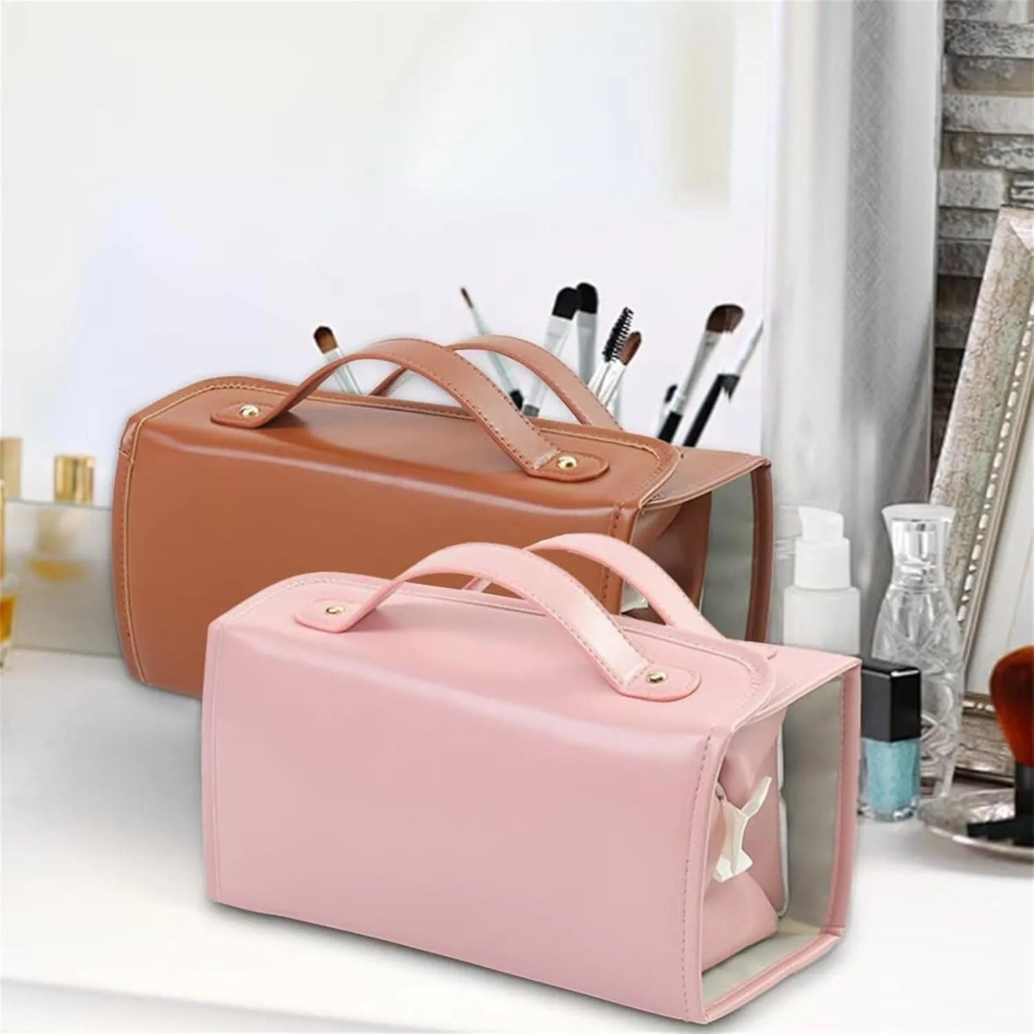 4 in 1 Makeup Bag Leather Waterproof Cosmetic Bag, Roll Up Toiletry Makeup Hanging Bag With Compartments, Travel Makeup Bag with Mirror (White)