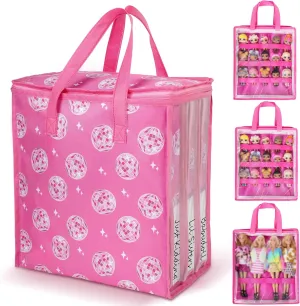 4 Pack Doll Storage Organizer Compatible with Barbie Dolls 12-Inch, Toy Storage Bag Compatible with LOL Surprise Dolls, Toy Travel Carrying Case for Girls Boys with Label & Handle, Bags Only