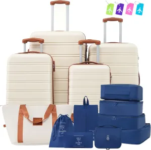 4-Piece Hardshell Luggage Set with Expandable Spinner Wheels, Lightweight ABS Suitcases (16", 20", 24", 28"), Brown & White
