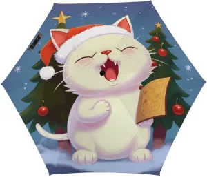 5 Fold Manual Umbrella,Cute Cat Sing Christmas Carols Print Folding Umbrella,Portable Travel Umbrella,Windproof Travel Umbrella with Cover Bag