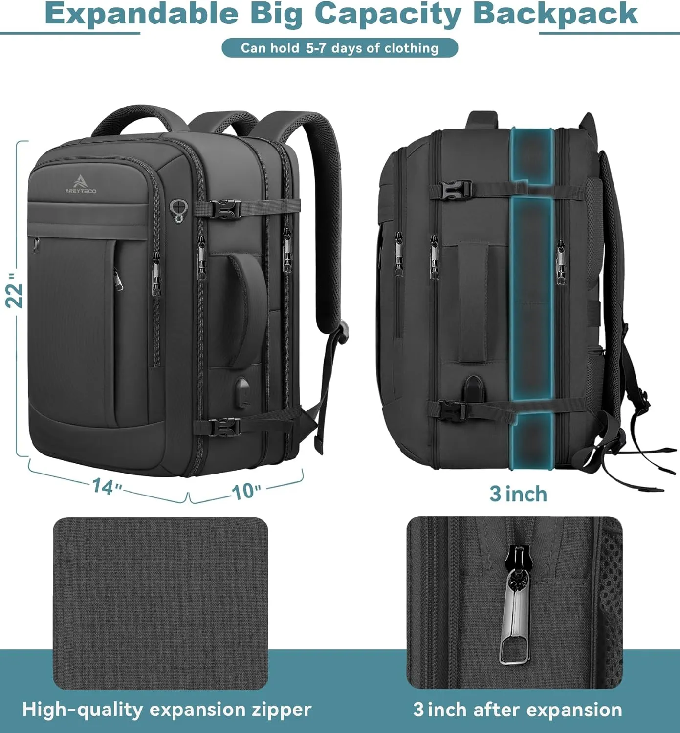 50L Carry on Travel Backpack With Packing Cubes, Extra Large Backpack Flight Airline Approved for Men & Women,Expandable Suitcase Water Resistant Luggage Daypack Business Weekender Bag, Black
