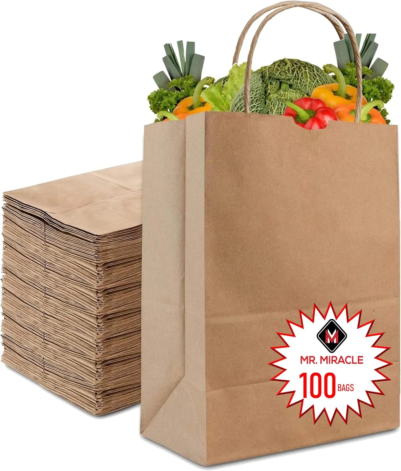57 Lb Large Kraft Paper Grocery Bags with Handles - 50 Count 12 x 17 x 7 - Durable, Reusable & Eco-Friendly Shopping Bags, Brown Kraft Take-Out Bags for Retail, To-Go, Any Occasion (50, With Handles)