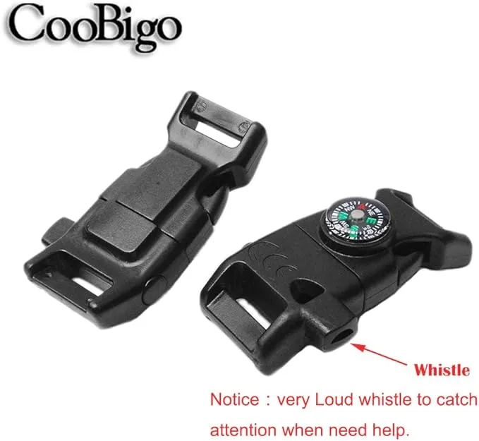 5/8 Inch Compass Flint Scraper Fire Starter Whistle Buckle Paracord Bracelet Outdoor Camping Emergency Survival Travel Kits