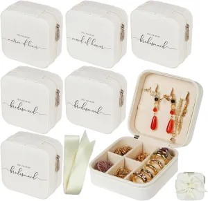 6 Pack Bridesmaid Jewelry Box with Ribbon, Maid Matron of Honor Small Travel Jewelry Case for Women, Bridesmaid Proposal Gifts, Wedding