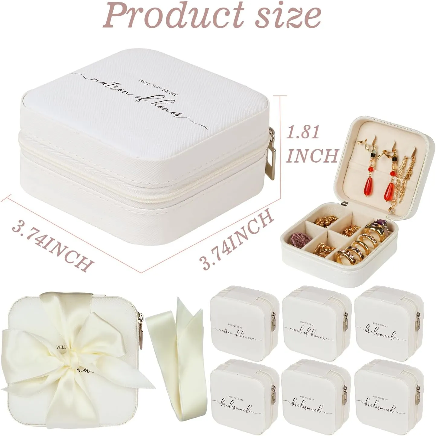 6 Pack Bridesmaid Jewelry Box with Ribbon, Maid Matron of Honor Small Travel Jewelry Case for Women, Bridesmaid Proposal Gifts, Wedding