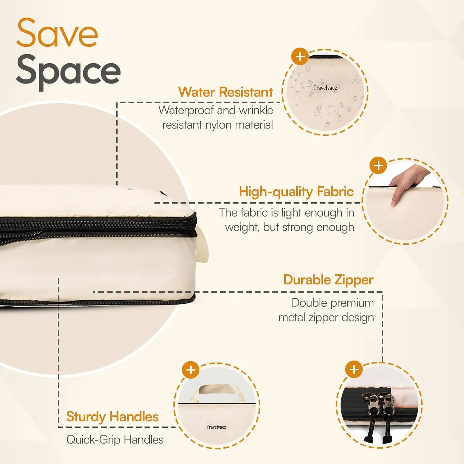 6 Set Compression Packing Cubes. Expandable and Lightweight Packing Cubes for Travel with Laundry Bag. (Beige).