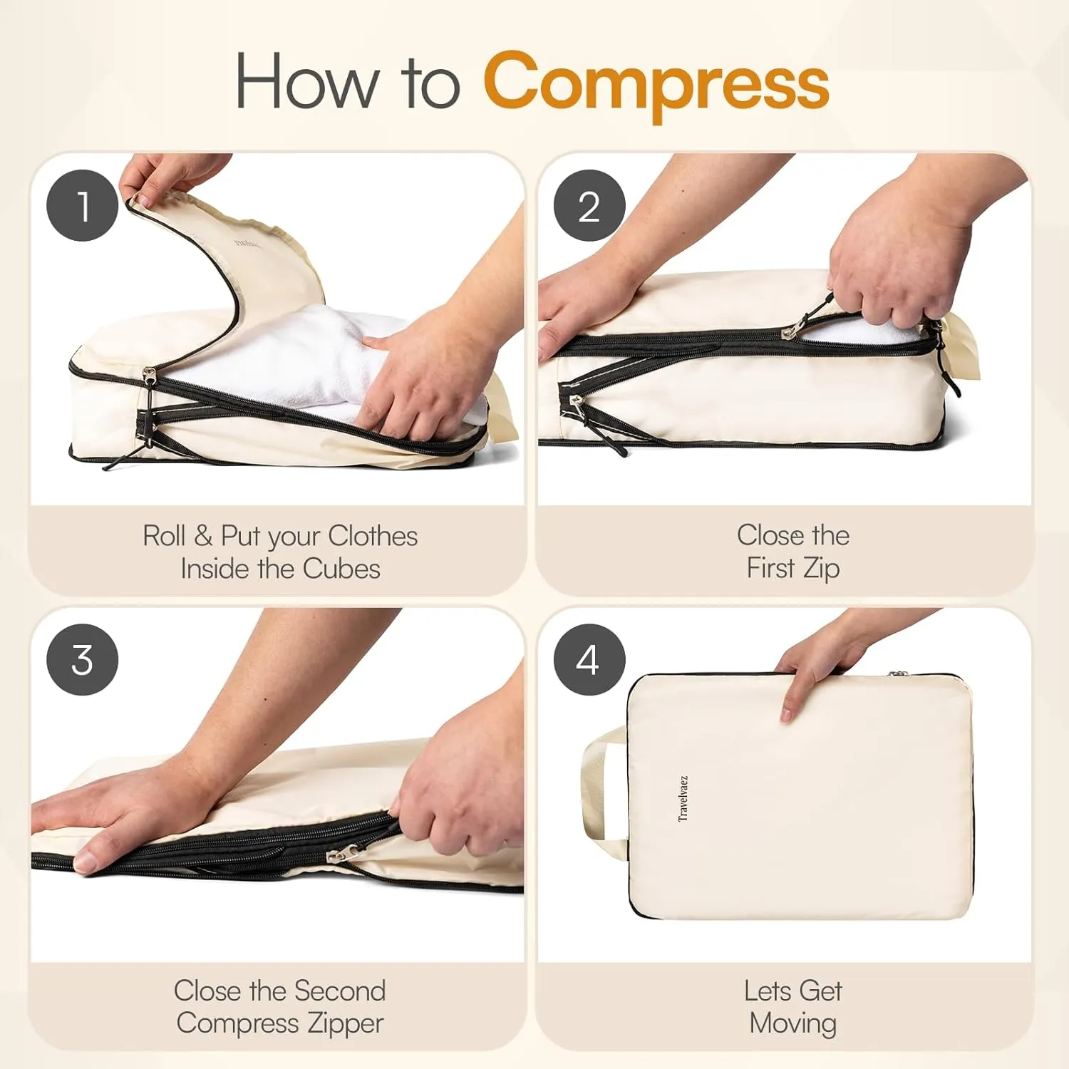 6 Set Compression Packing Cubes. Expandable and Lightweight Packing Cubes for Travel with Laundry Bag. (Beige).