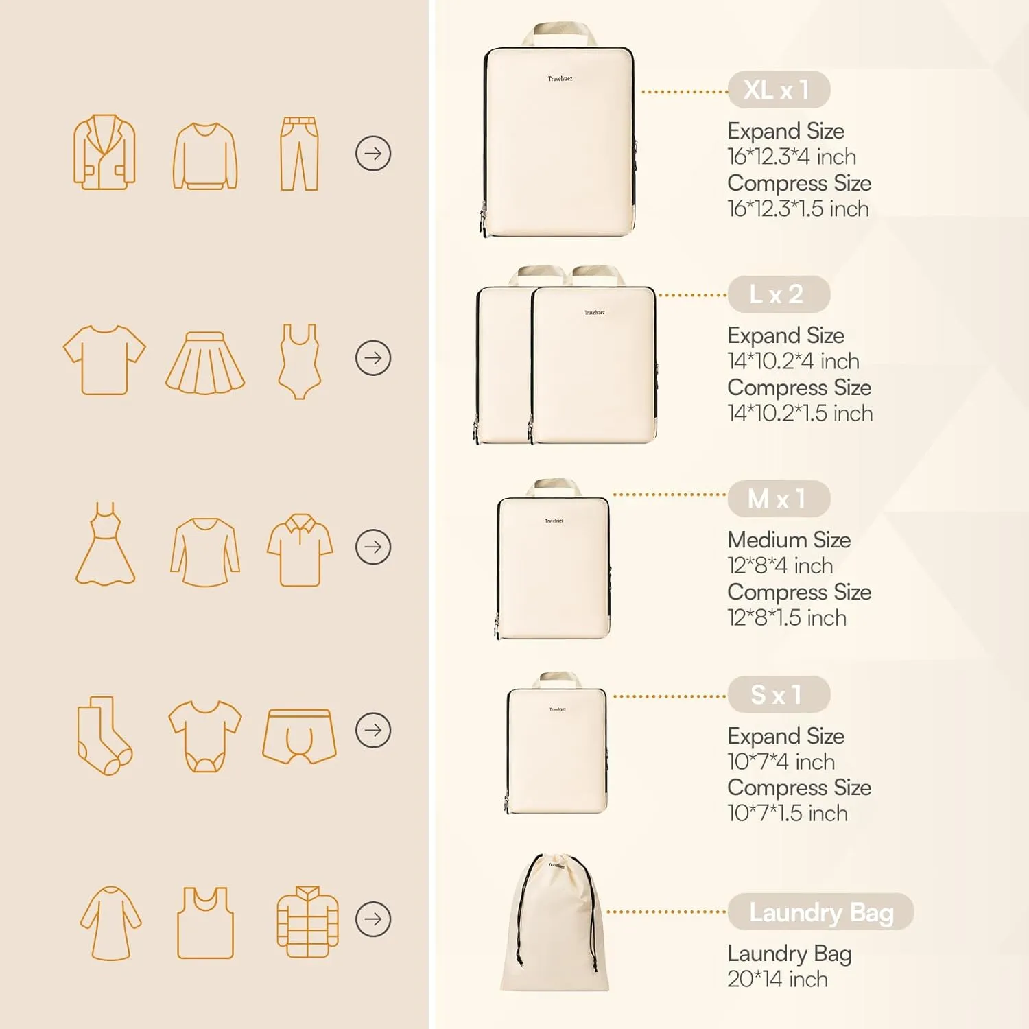 6 Set Compression Packing Cubes. Expandable and Lightweight Packing Cubes for Travel with Laundry Bag. (Beige).