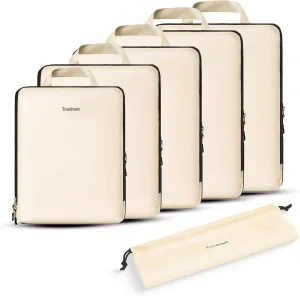 6 Set Compression Packing Cubes. Expandable and Lightweight Packing Cubes for Travel with Laundry Bag. (Beige).