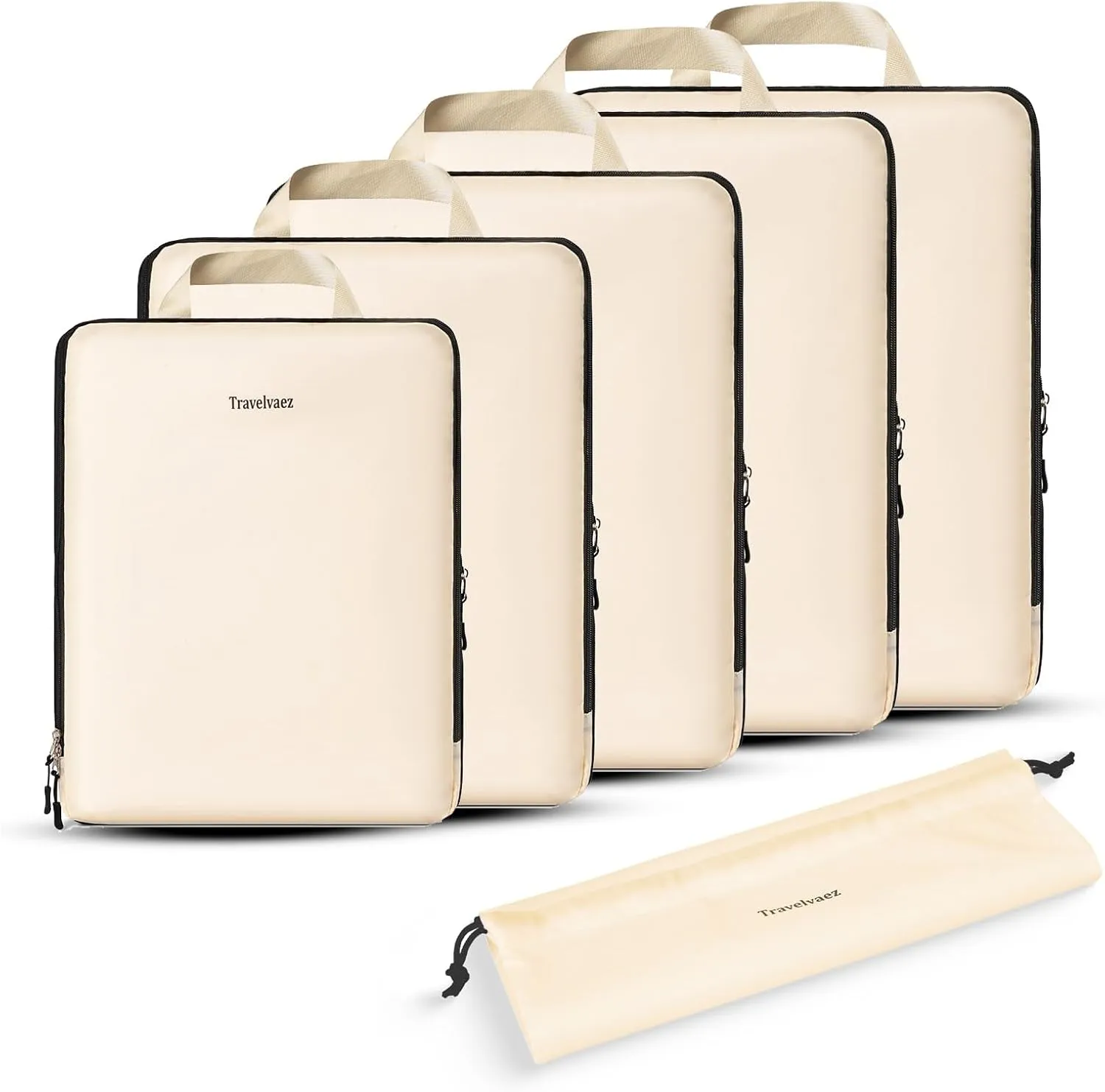 6 Set Compression Packing Cubes. Expandable and Lightweight Packing Cubes for Travel with Laundry Bag. (Beige).