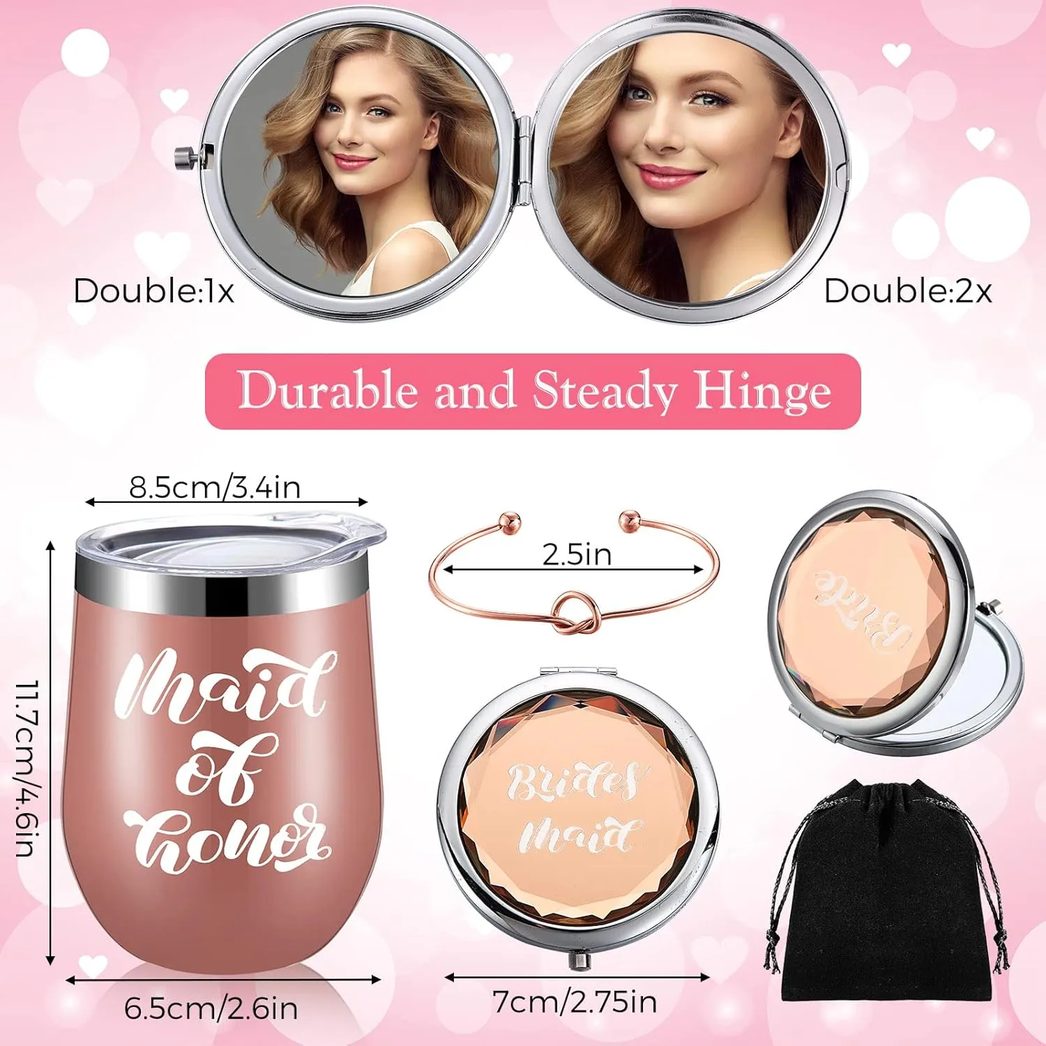 60 Pieces Bridesmaids Proposal Gift Bride Makeup Mirrors Love Knot Bracelet Stainless Steel Wine Tumblers Hair Ties Diamond Crystal Pen Bridal Shower Gift for Wedding Party Supplies (Maid of Honor)