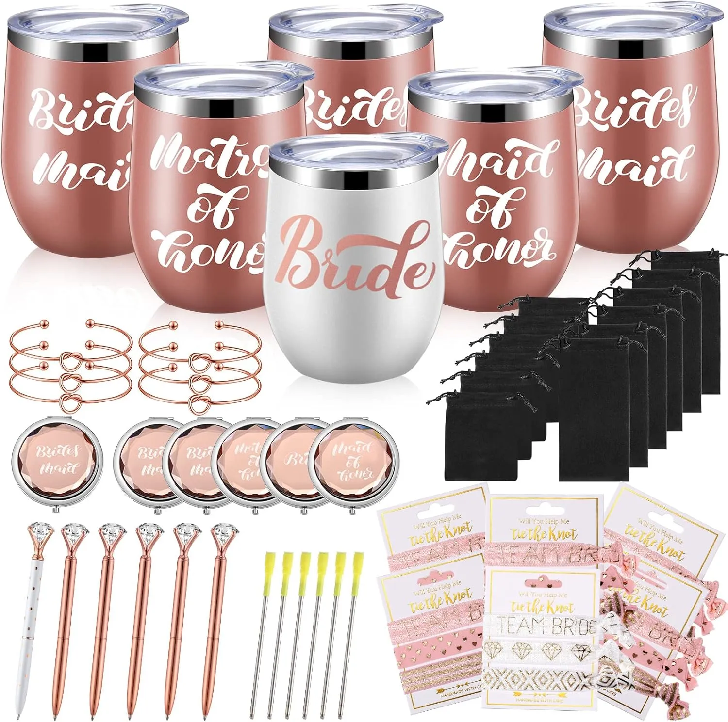 60 Pieces Bridesmaids Proposal Gift Bride Makeup Mirrors Love Knot Bracelet Stainless Steel Wine Tumblers Hair Ties Diamond Crystal Pen Bridal Shower Gift for Wedding Party Supplies (Maid of Honor)