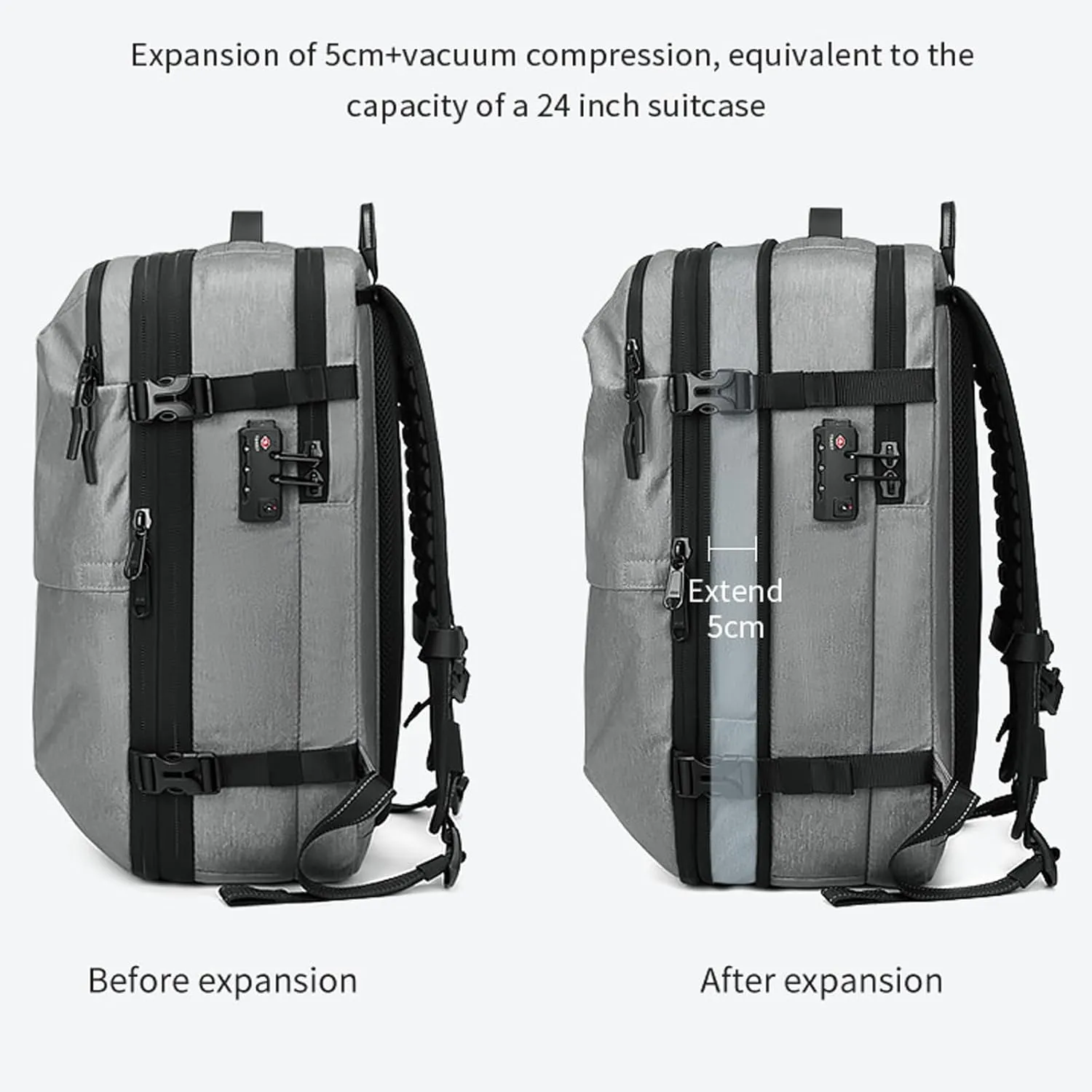 60L Expandable Travel Backpack with Vacuum Pump, Airbag Vacuum Compression, Black (Light Gray, No Air Pump)
