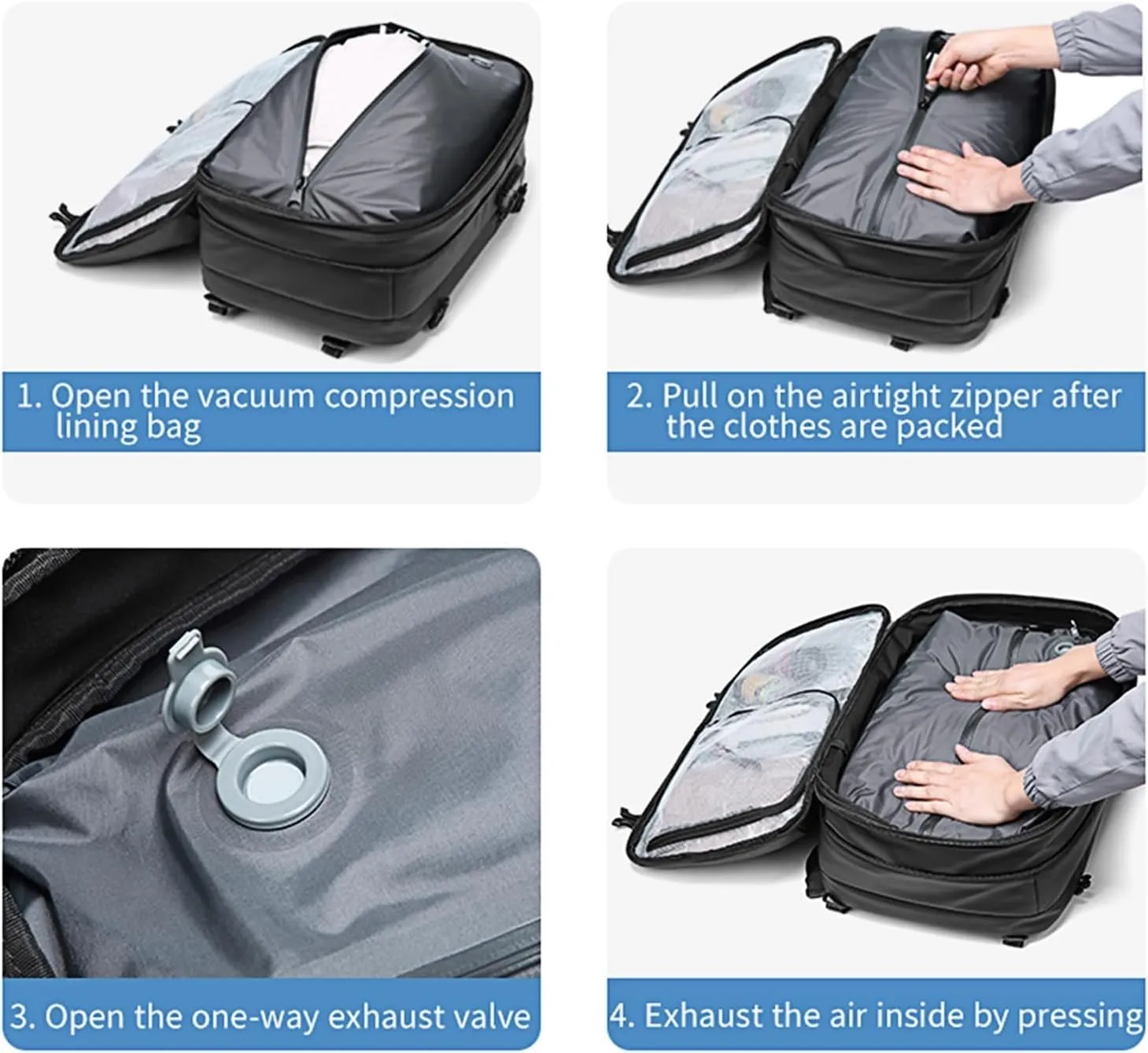 60L Expandable Travel Backpack with Vacuum Pump, Airbag Vacuum Compression, Black (Light Gray, No Air Pump)
