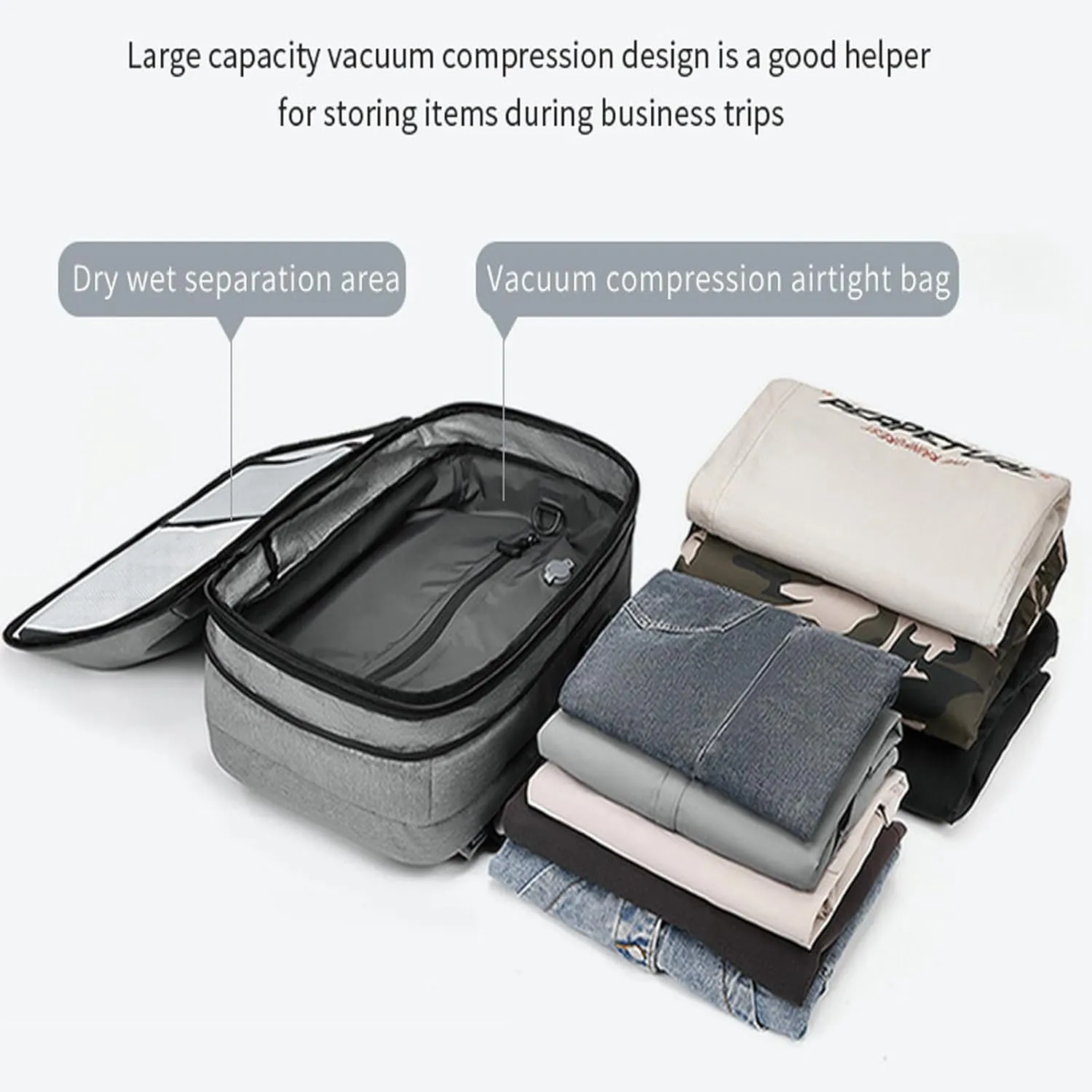 60L Expandable Travel Backpack with Vacuum Pump, Airbag Vacuum Compression, Black (Light Gray, No Air Pump)