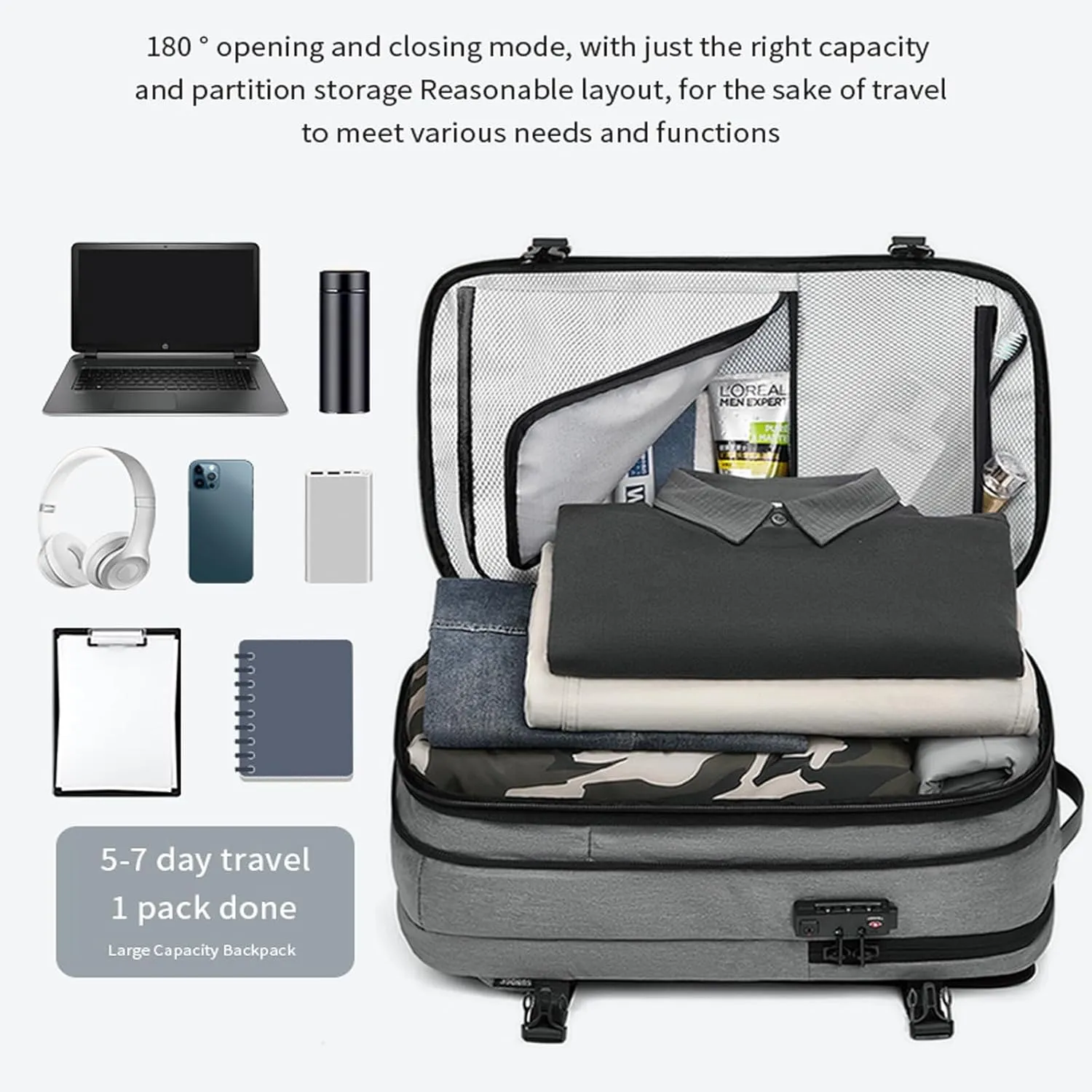 60L Expandable Travel Backpack with Vacuum Pump, Airbag Vacuum Compression, Black (Light Gray, No Air Pump)