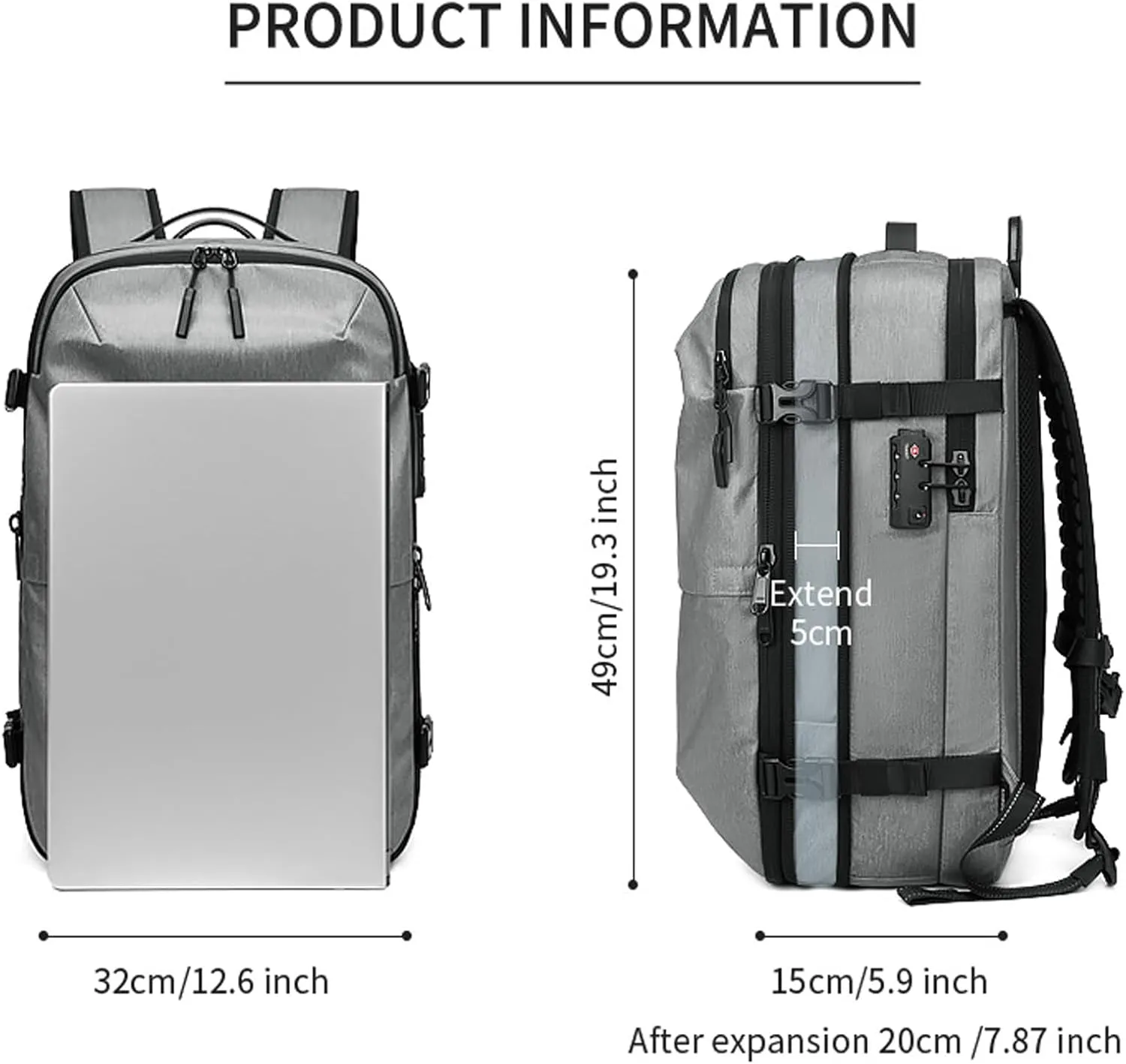 60L Expandable Travel Backpack with Vacuum Pump, Airbag Vacuum Compression, Black (Light Gray, No Air Pump)