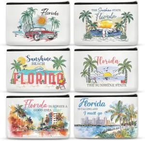 6Pcs Florida Makeup Bag Gifts for Women Florida Themed Souvenirs, Travel Vacation Gift Cosmetic Zipper Bag for Her Teacher Mom Sister Friends