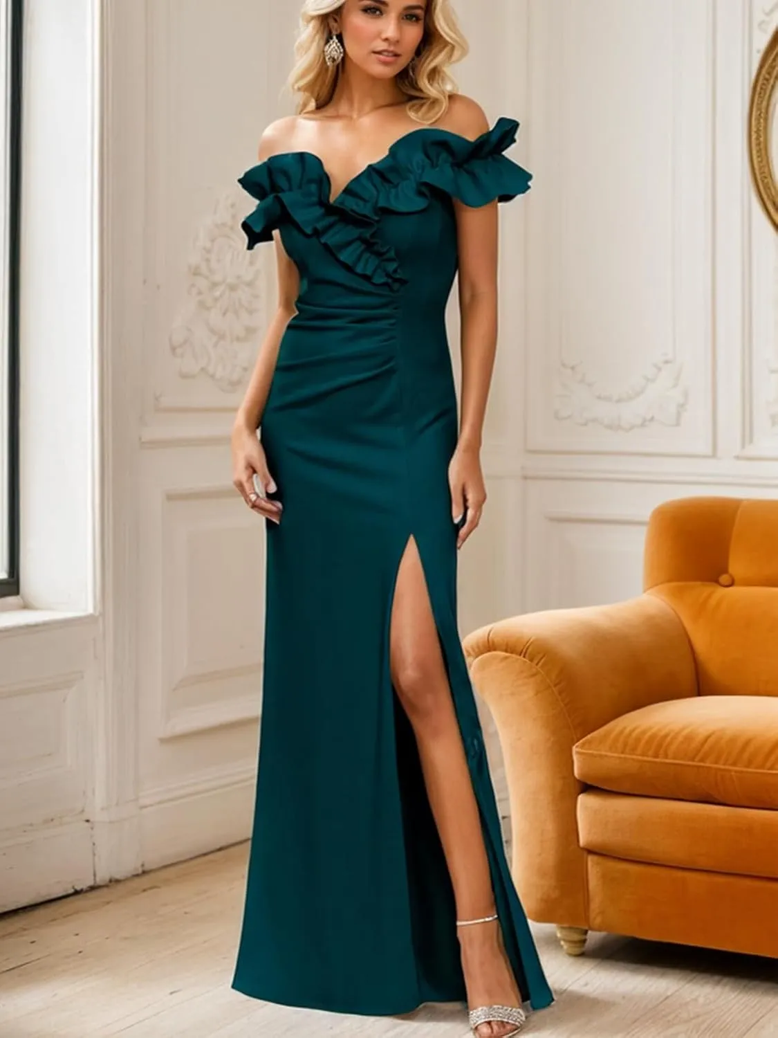 A Line Evening Dress Formal Wedding Guest Dress Off Shoulder Sleeveless Floor Length Stretch Crepe Slit Ruched 2024