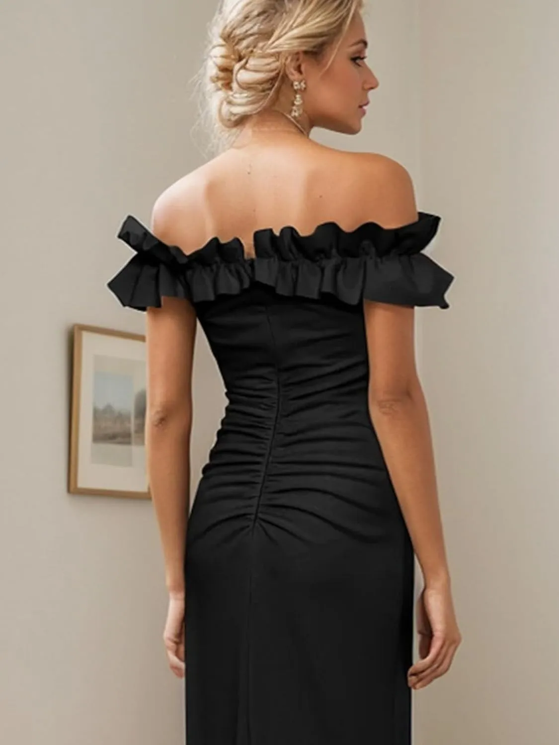 A Line Evening Dress Formal Wedding Guest Dress Off Shoulder Sleeveless Floor Length Stretch Crepe Slit Ruched 2024