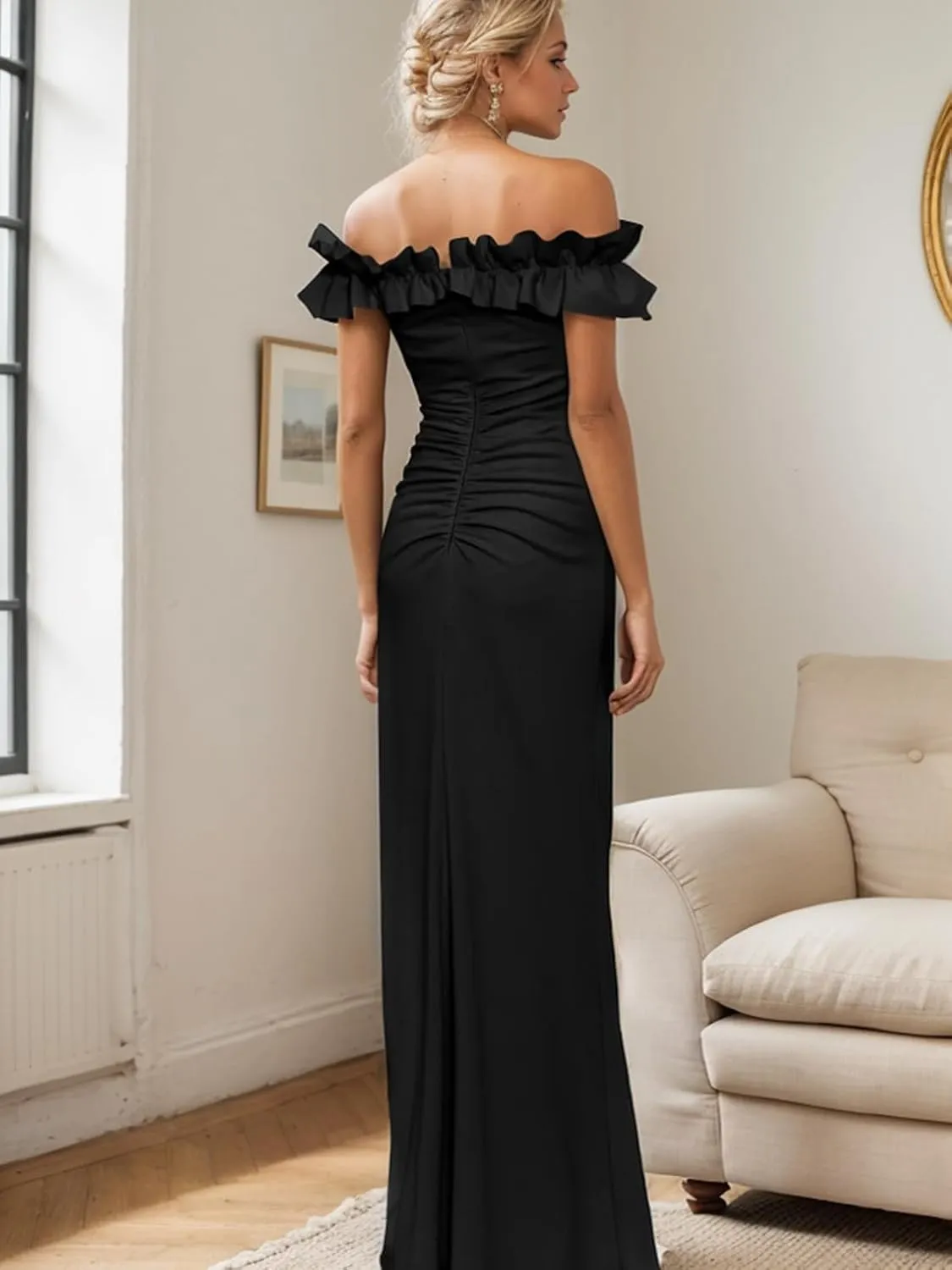 A Line Evening Dress Formal Wedding Guest Dress Off Shoulder Sleeveless Floor Length Stretch Crepe Slit Ruched 2024