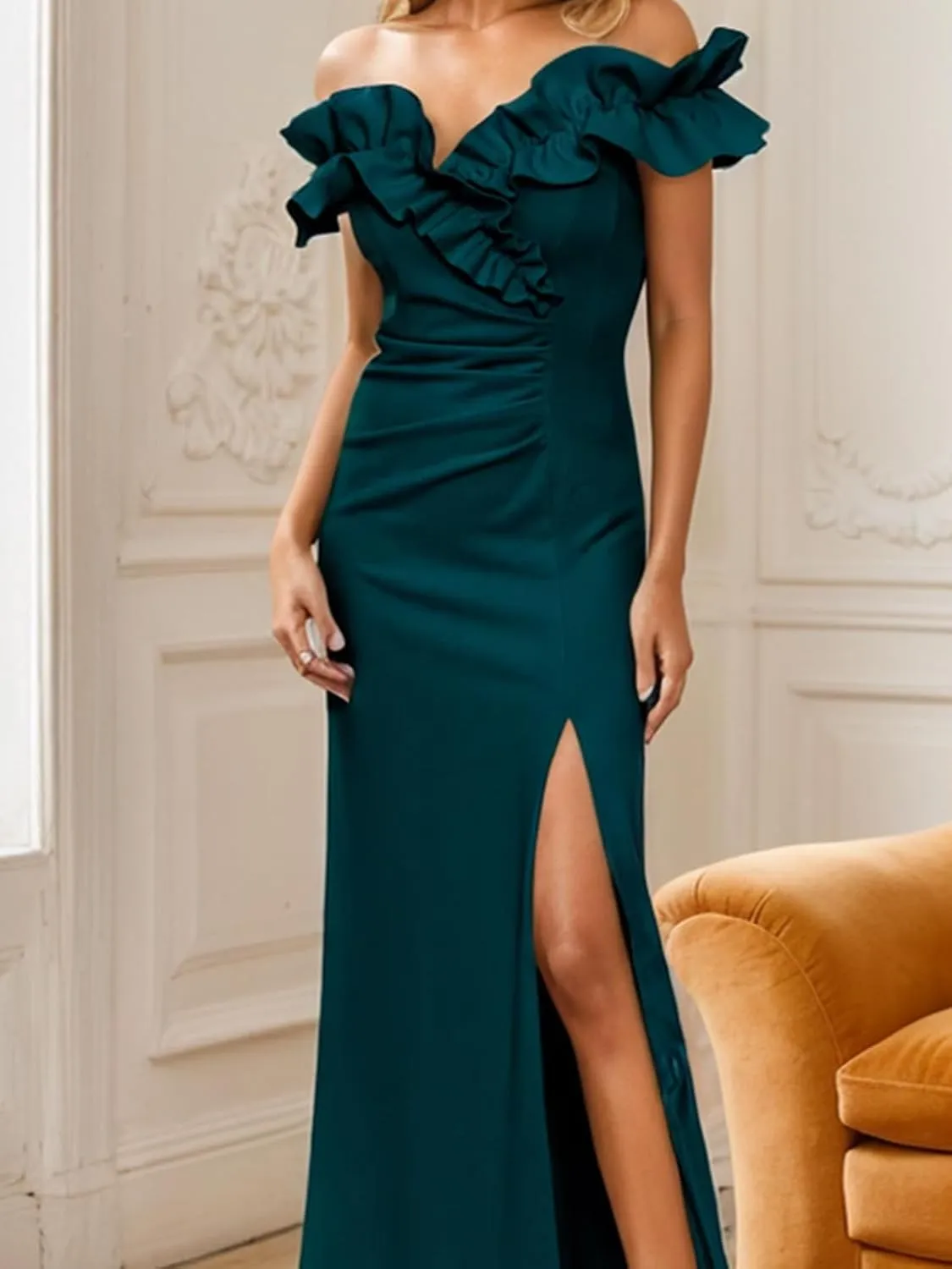 A Line Evening Dress Formal Wedding Guest Dress Off Shoulder Sleeveless Floor Length Stretch Crepe Slit Ruched 2024