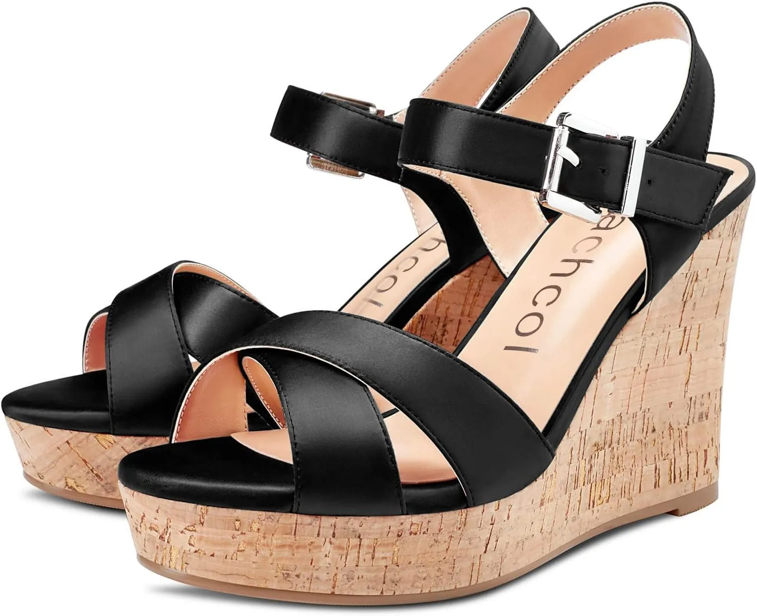 Aachcol Women Cork Wedge Sandals Peep Open Round Toe High Heel Ankle Strap Slingback Clear Dress Shoes Cute Classic Wedding Party 4 Inch