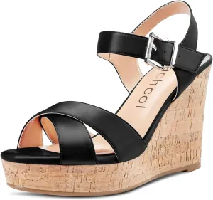 Aachcol Women Cork Wedge Sandals Peep Open Round Toe High Heel Ankle Strap Slingback Clear Dress Shoes Cute Classic Wedding Party 4 Inch
