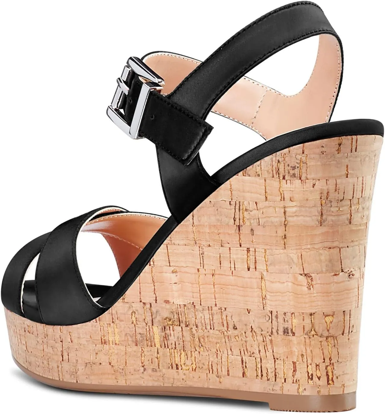 Aachcol Women Cork Wedge Sandals Peep Open Round Toe High Heel Ankle Strap Slingback Clear Dress Shoes Cute Classic Wedding Party 4 Inch
