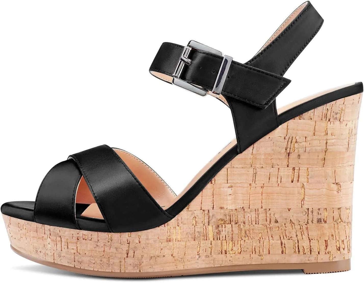 Aachcol Women Cork Wedge Sandals Peep Open Round Toe High Heel Ankle Strap Slingback Clear Dress Shoes Cute Classic Wedding Party 4 Inch