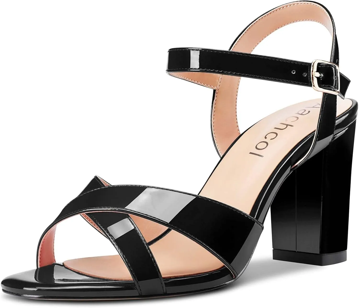 Aachcol Women Sandals Cross Peep Open Toe Ankle Strap Slingback Chunky Block High Heel Dress Shoes Patent Classic Wedding 3 Inch