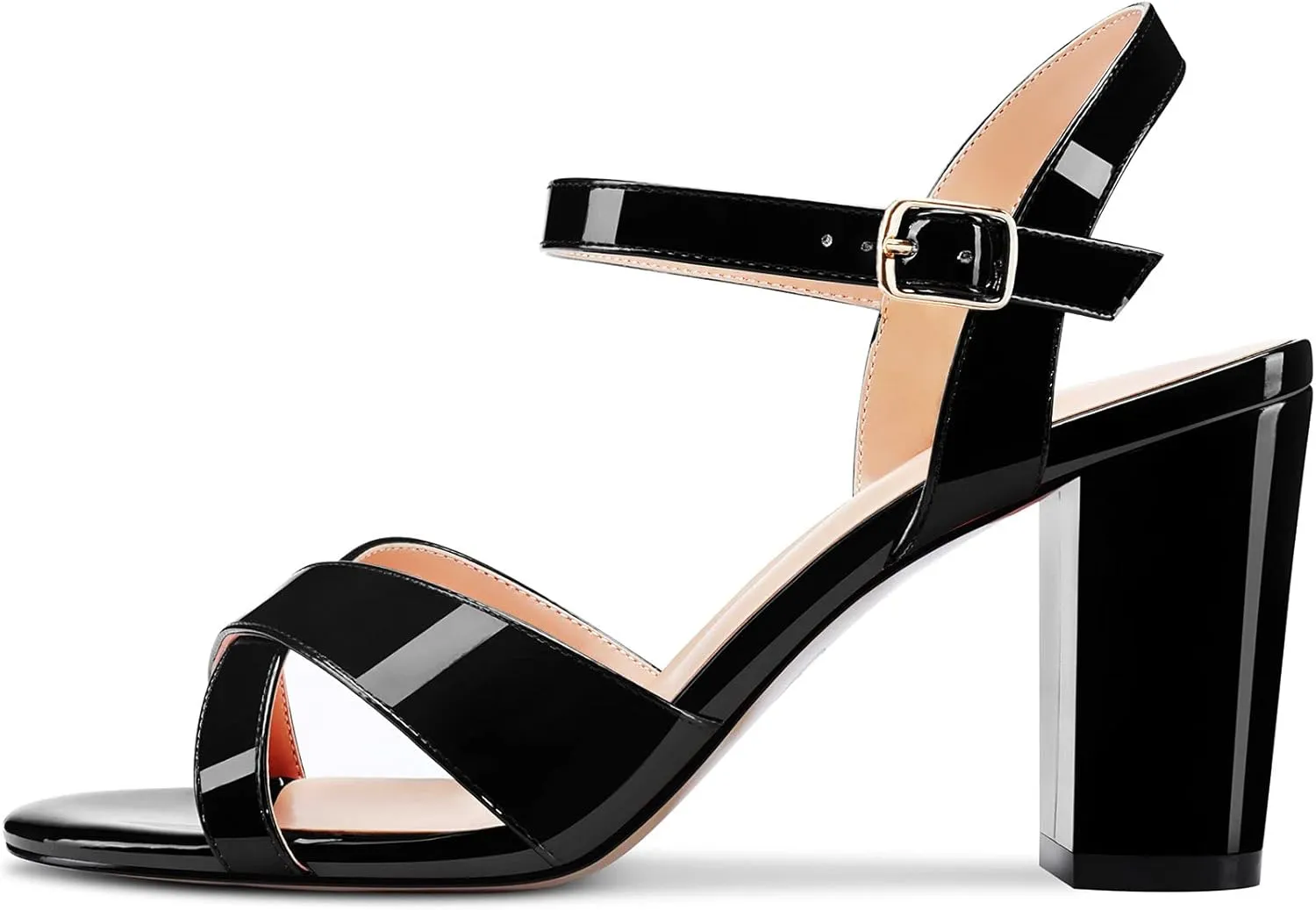 Aachcol Women Sandals Cross Peep Open Toe Ankle Strap Slingback Chunky Block High Heel Dress Shoes Patent Classic Wedding 3 Inch