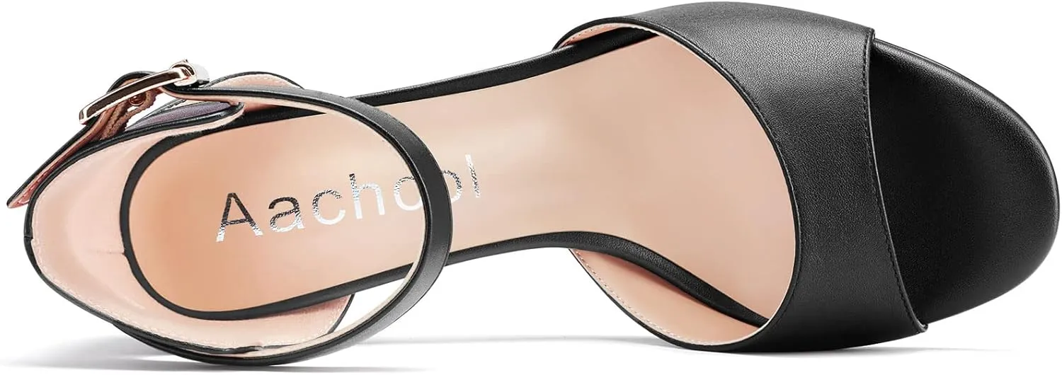 Aachcol Women Sandals Peep Open Toe Ankle Strap Chunky Block High Heel Dress Shoes Matte Classic 3 Inch